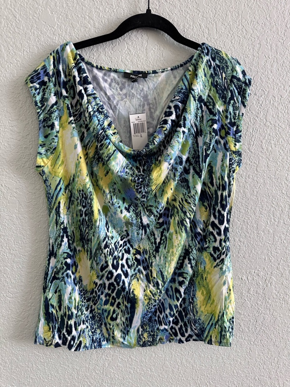 NWT Premise Cowl Neck Top XL Blue Green Animal Print Stretch Knit Blouse